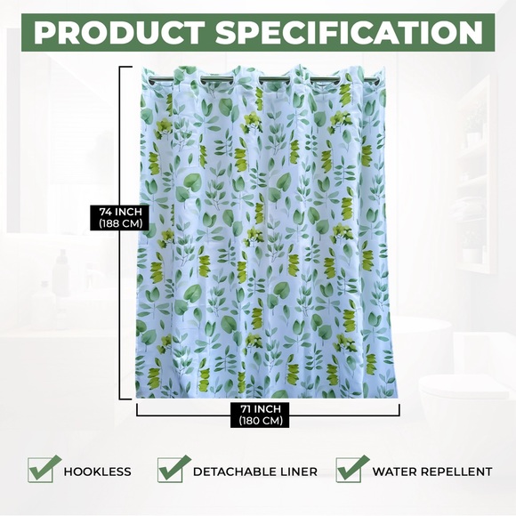 Botanical Hookless Shower Curtain with Liner Standard Size 71”x74” Polyester - Picture 5 of 6